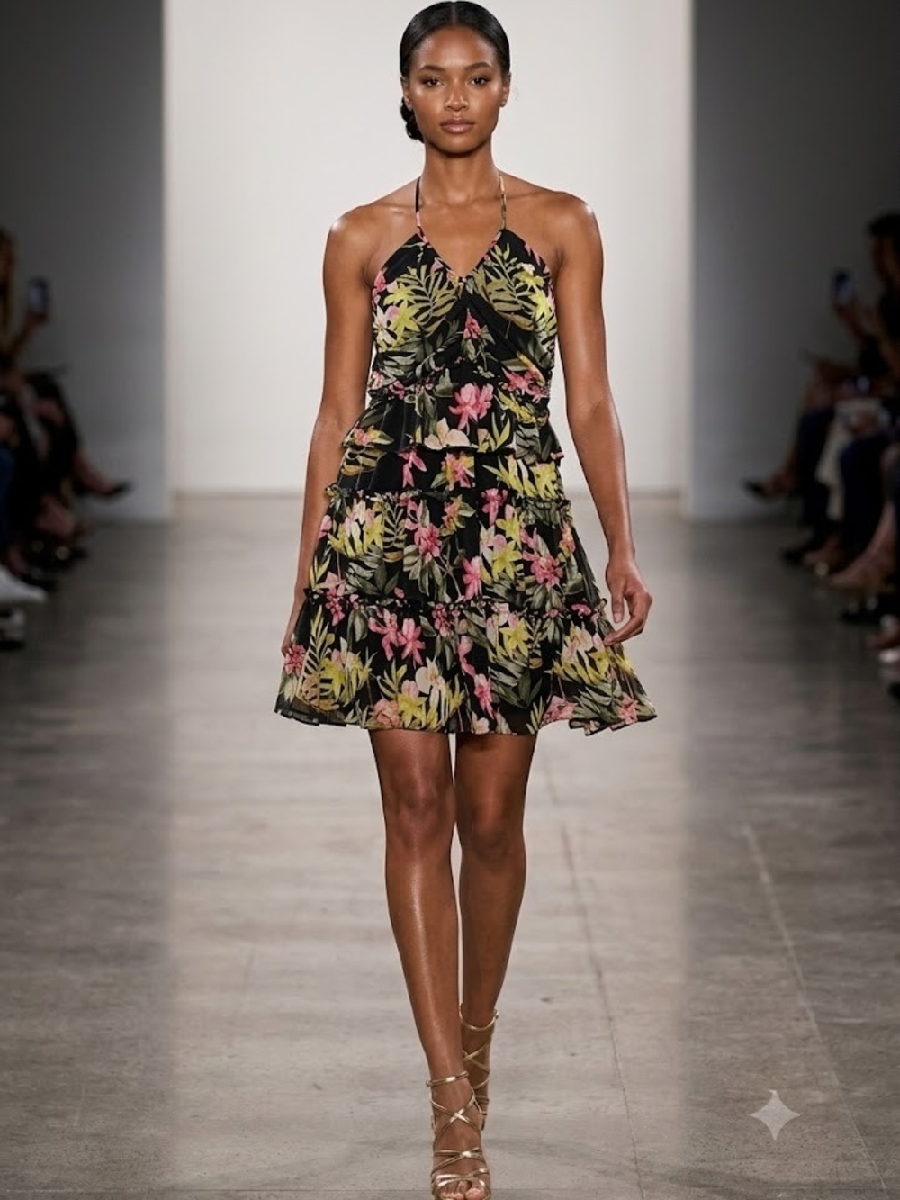 Nicole Miller Black Floral Halter Mini Dress with Pink & Green